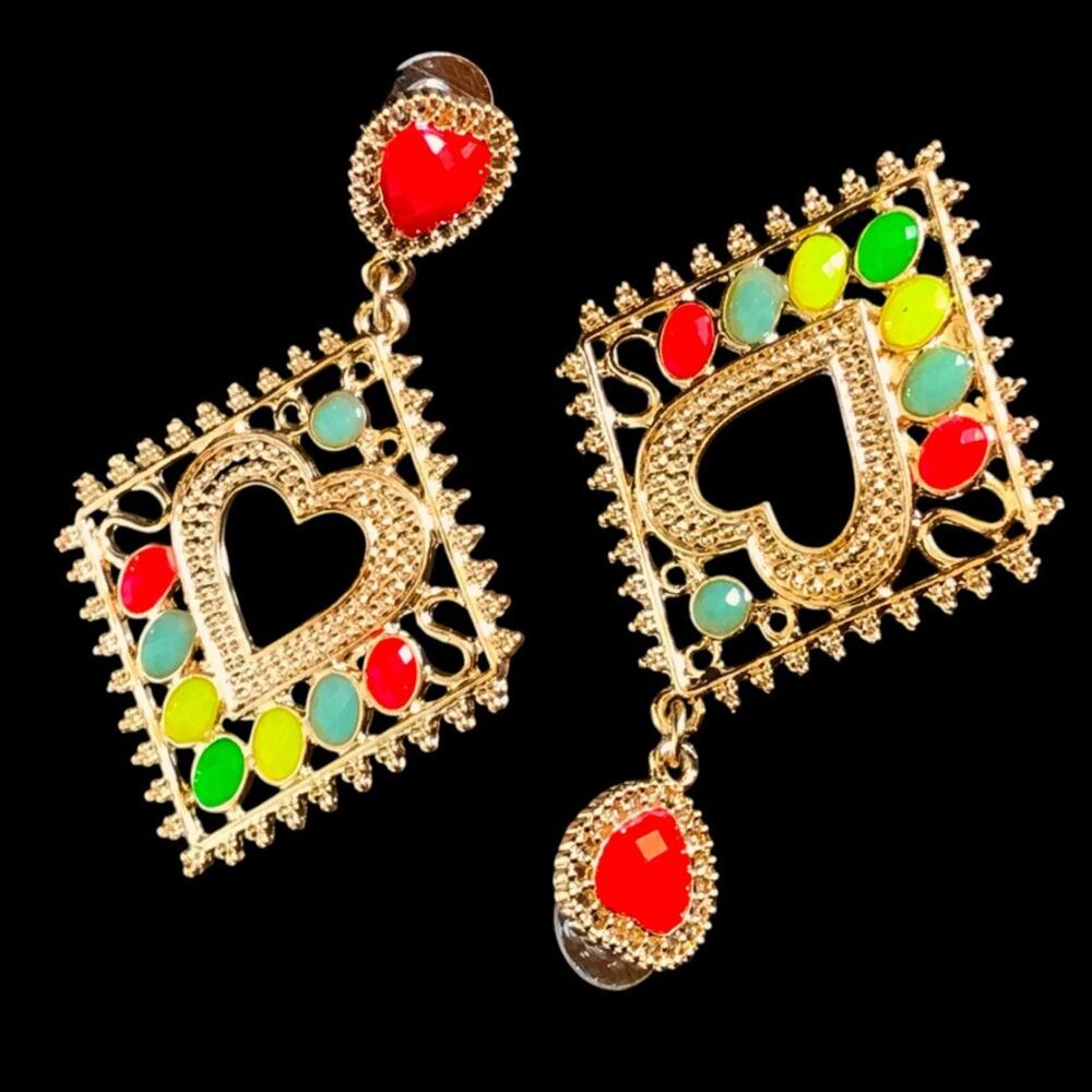 NEW Da Vinci Gold Tone Red Heart colorful statement earrings